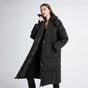Women's long hooded puffer coat with quilted panels