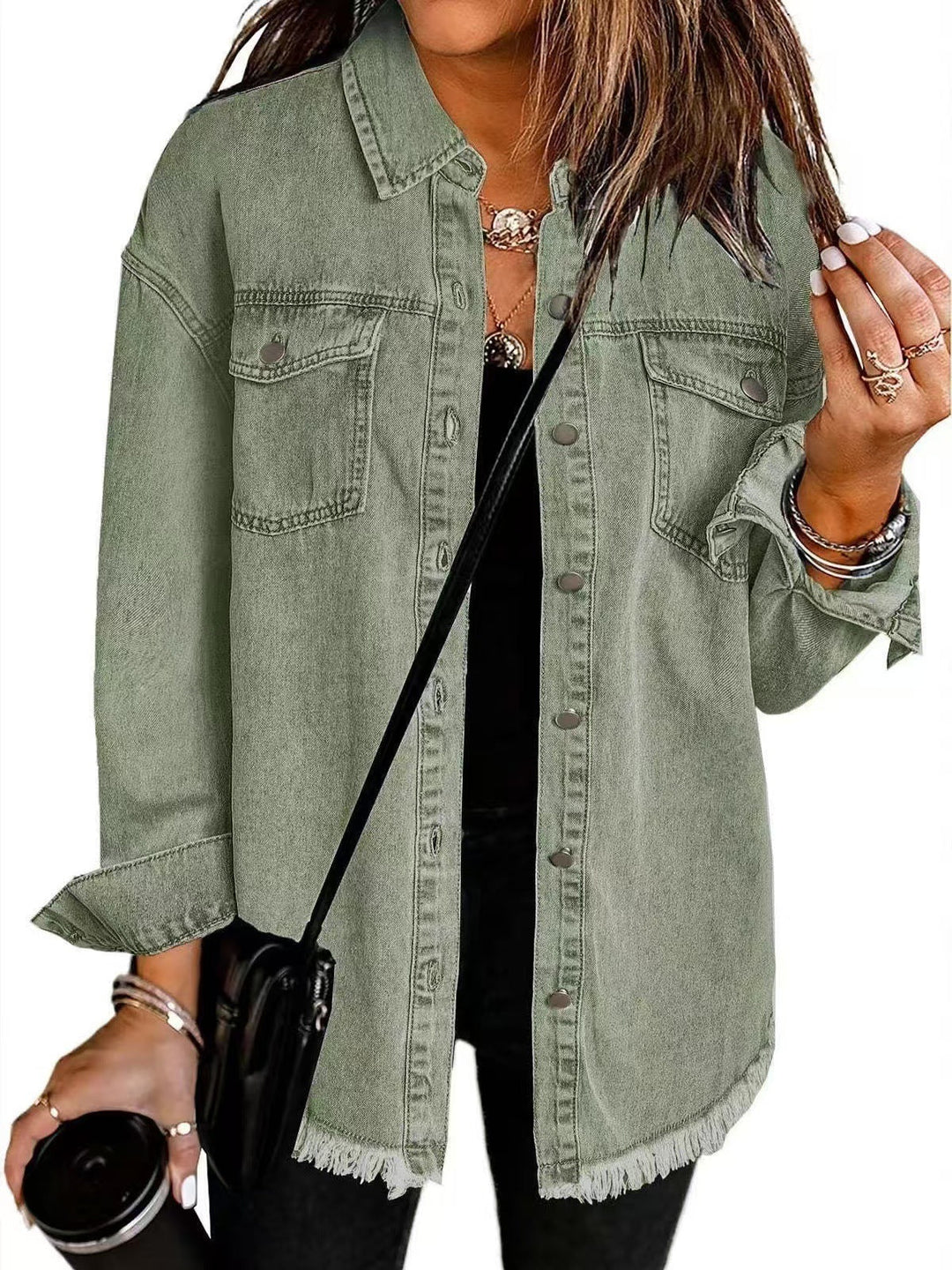 Women's longline denim jacket with collar chest pockets and frayed hem