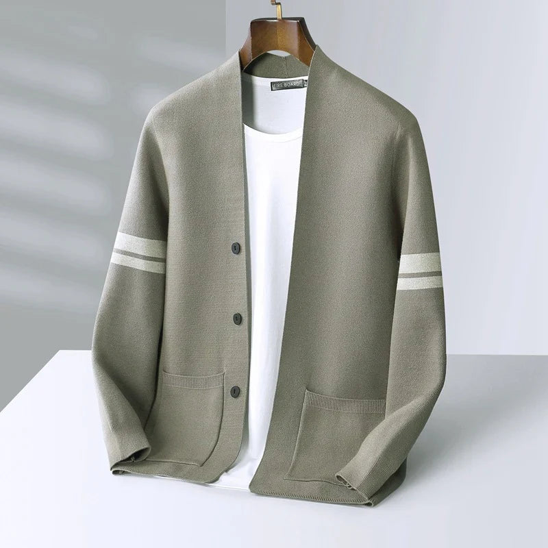 Men's button-front cardigan with striped sleeves and patch pockets