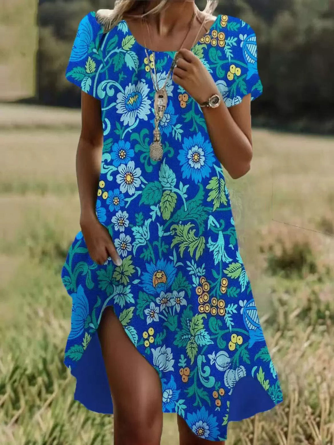 Women's summer midi dress with small white dot print and short sleeves