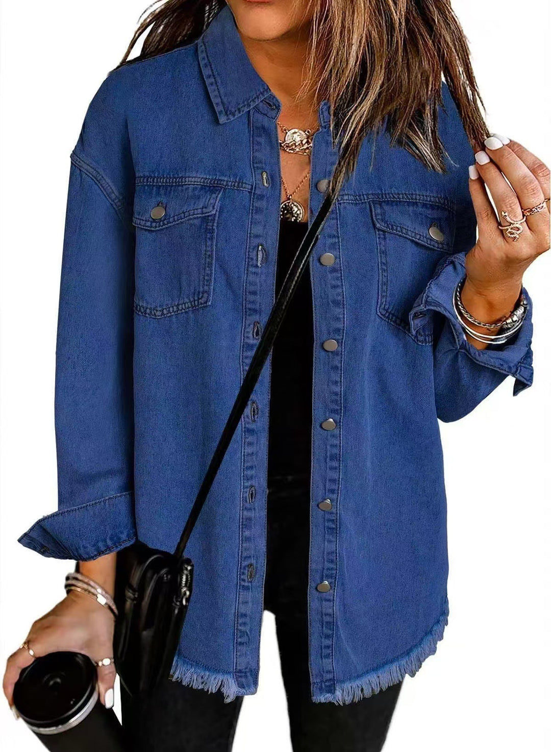 Women's longline denim jacket with collar chest pockets and frayed hem