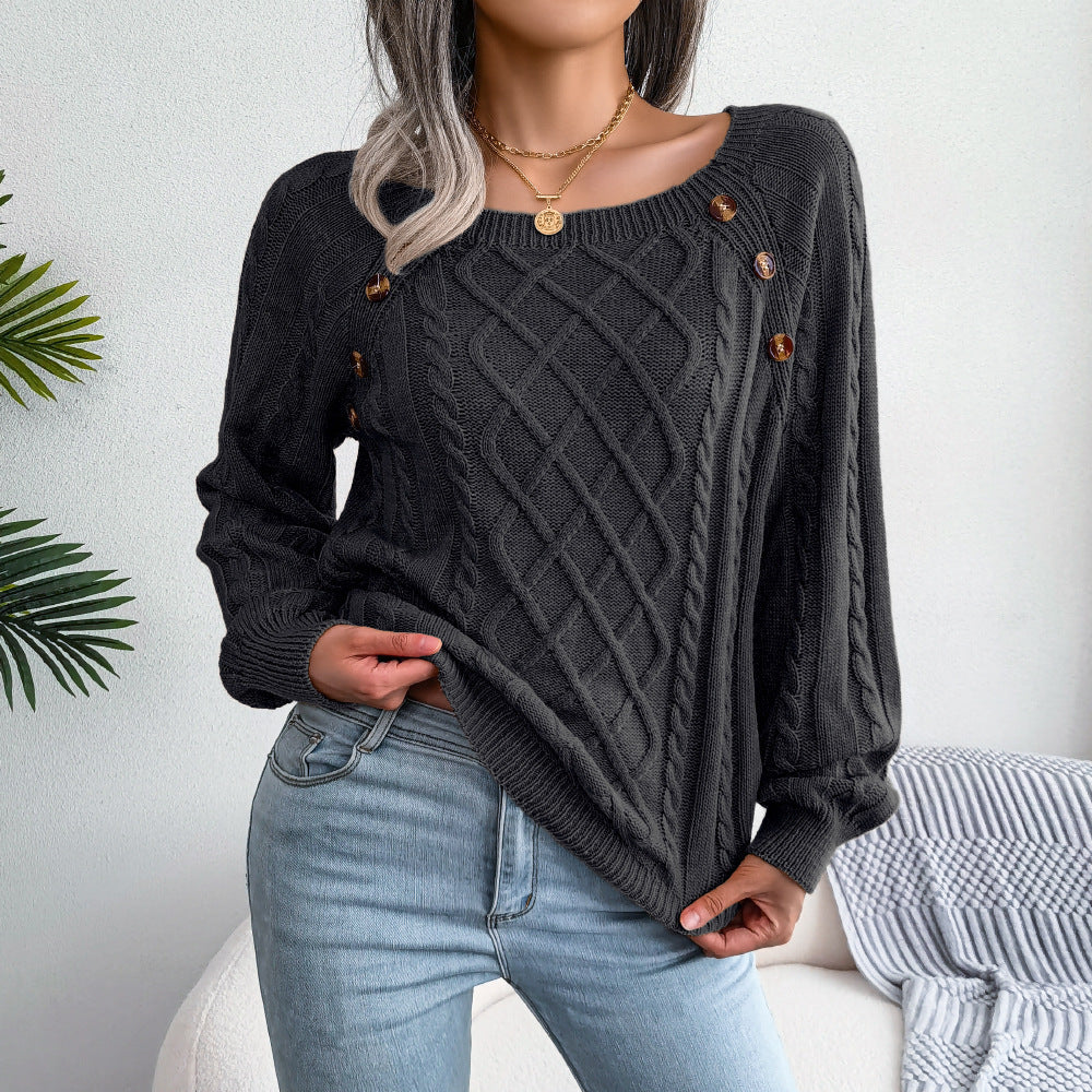 Women's textured knit sweater with diamond pattern, long sleeves and shoulder buttons