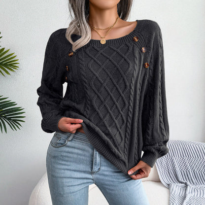 Women's textured knit sweater with diamond pattern, long sleeves and shoulder buttons