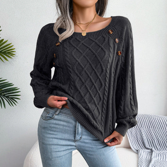 Women's textured knit sweater with diamond pattern, long sleeves and shoulder buttons