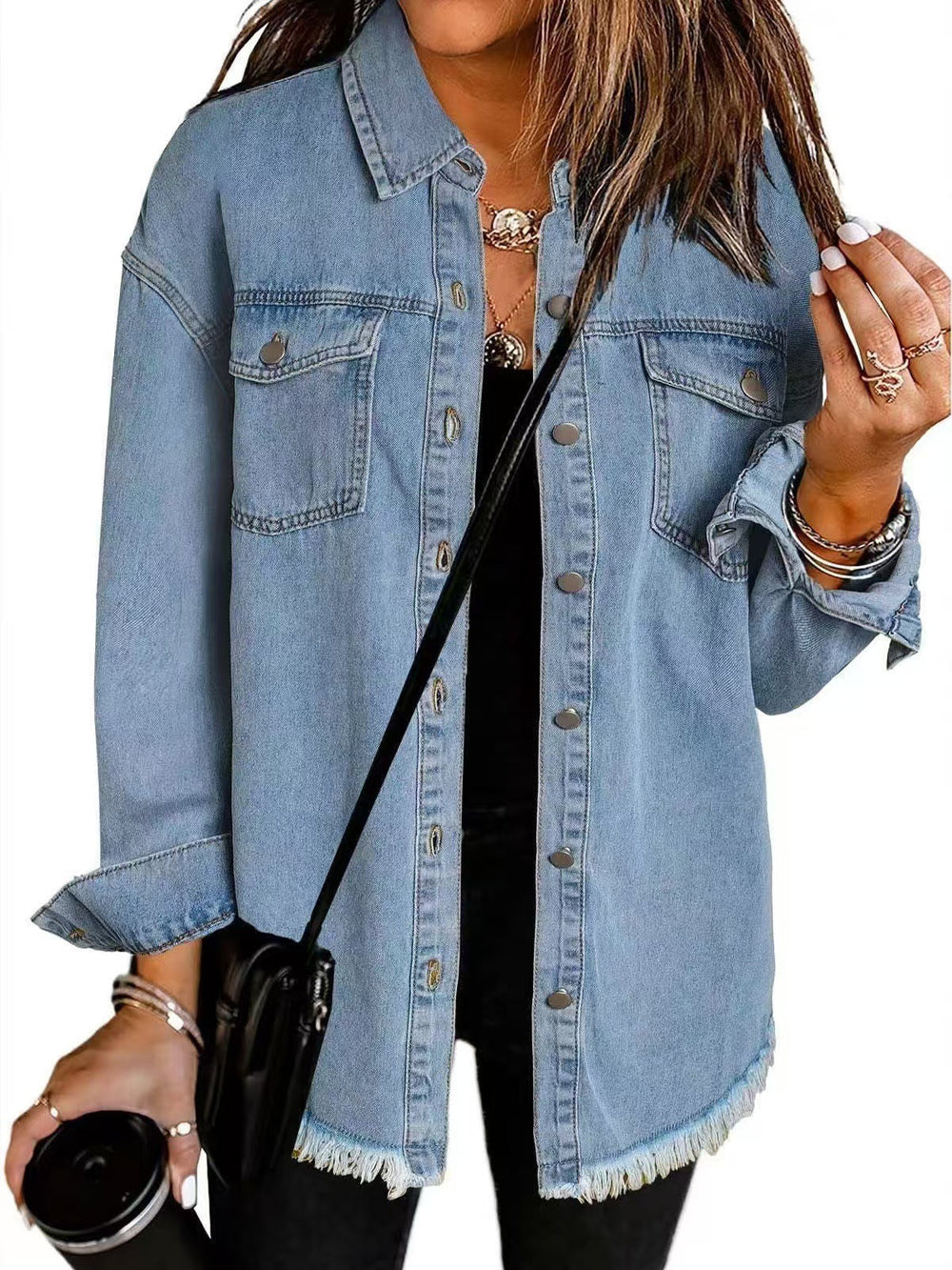 Women's longline denim jacket with collar chest pockets and frayed hem