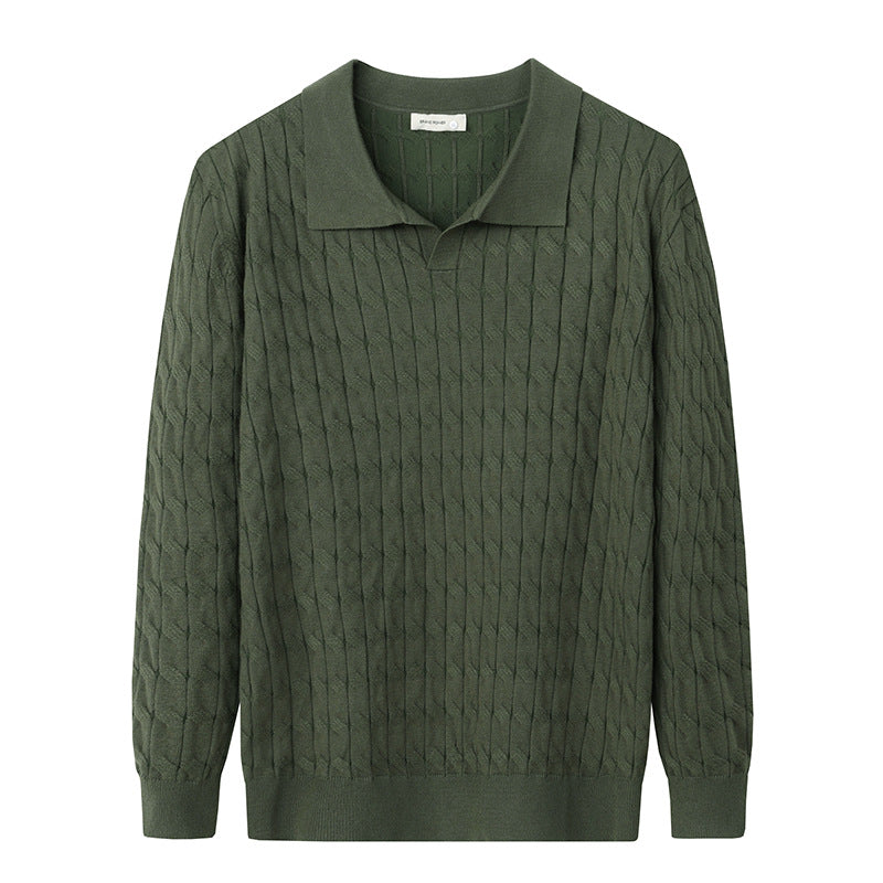 Men's textured polo sweater with long sleeves and ribbed trims