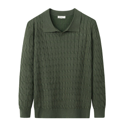 Men's textured polo sweater with long sleeves and ribbed trims