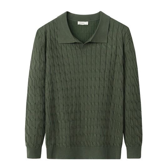 Men's textured polo sweater with long sleeves and ribbed trims
