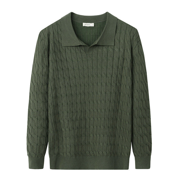 Men's textured polo sweater with long sleeves and ribbed trims
