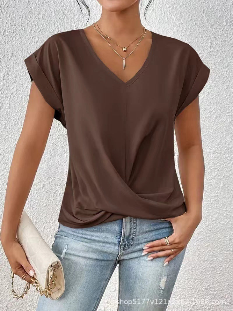 Women's V-neck short-sleeve T-shirt with twisted front gather detail