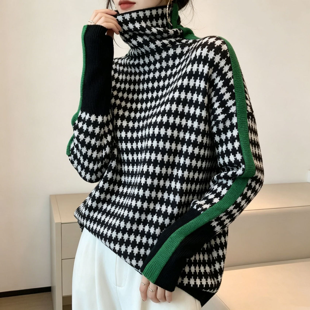 Women's striped high neck pullover sweater with long sleeves and contrast trim