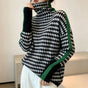 Women's striped high neck pullover sweater with long sleeves and contrast trim