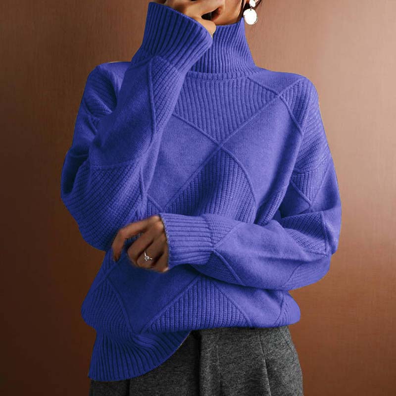 Women's geometric turtleneck sweater with long sleeves and ribbed trims