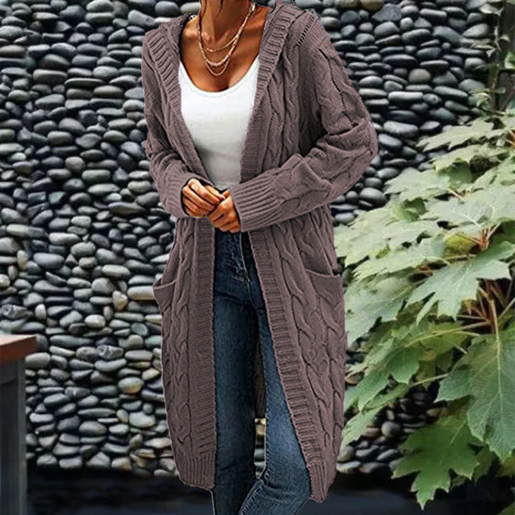 Women's long textured cable knit cardigan with open front and patch pockets