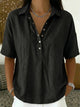 Women's collared blouse with short sleeves and button front in khaki and sky blue