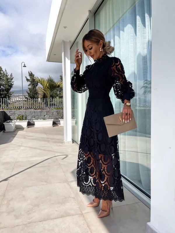 Women's lace puff sleeve midi dress with high neckline