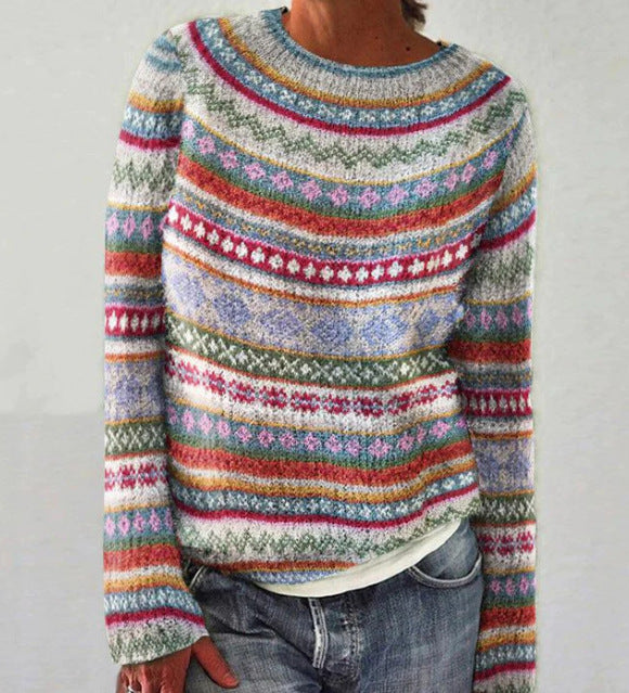 Women's multicolour striped long sleeve sweater with round neckline