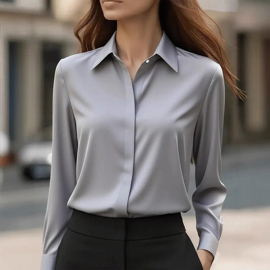 Women's Silk Blouse — Classic Collar Button-Front Office Top