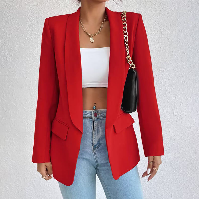Women's open front long sleeve blazer with lapel collar and flap pockets