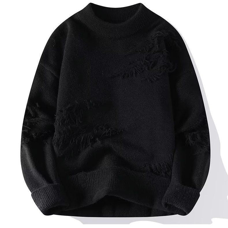 Women's crew neck sweater with long sleeves and frayed distressed panels