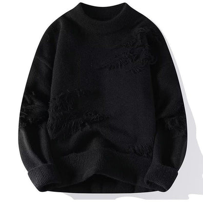 Women's crew neck sweater with long sleeves and frayed distressed panels