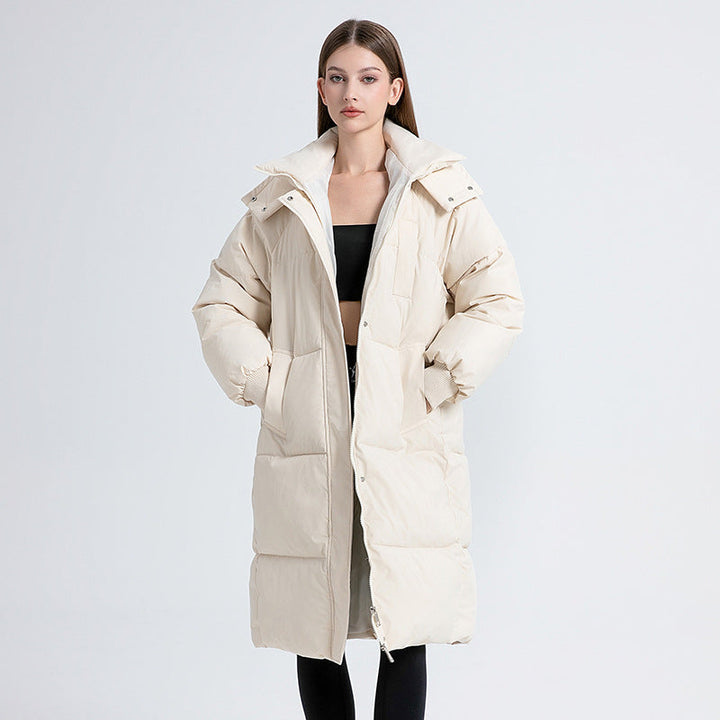 Women's long hooded puffer coat with quilted panels