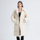 Women's long hooded puffer coat with quilted panels