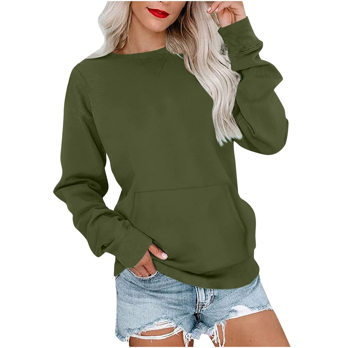 Women's long-sleeve crewneck sweatshirt with front pouch pocket