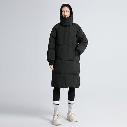 Women's long hooded puffer coat with quilted panels