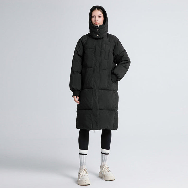 Women's long hooded puffer coat with quilted panels