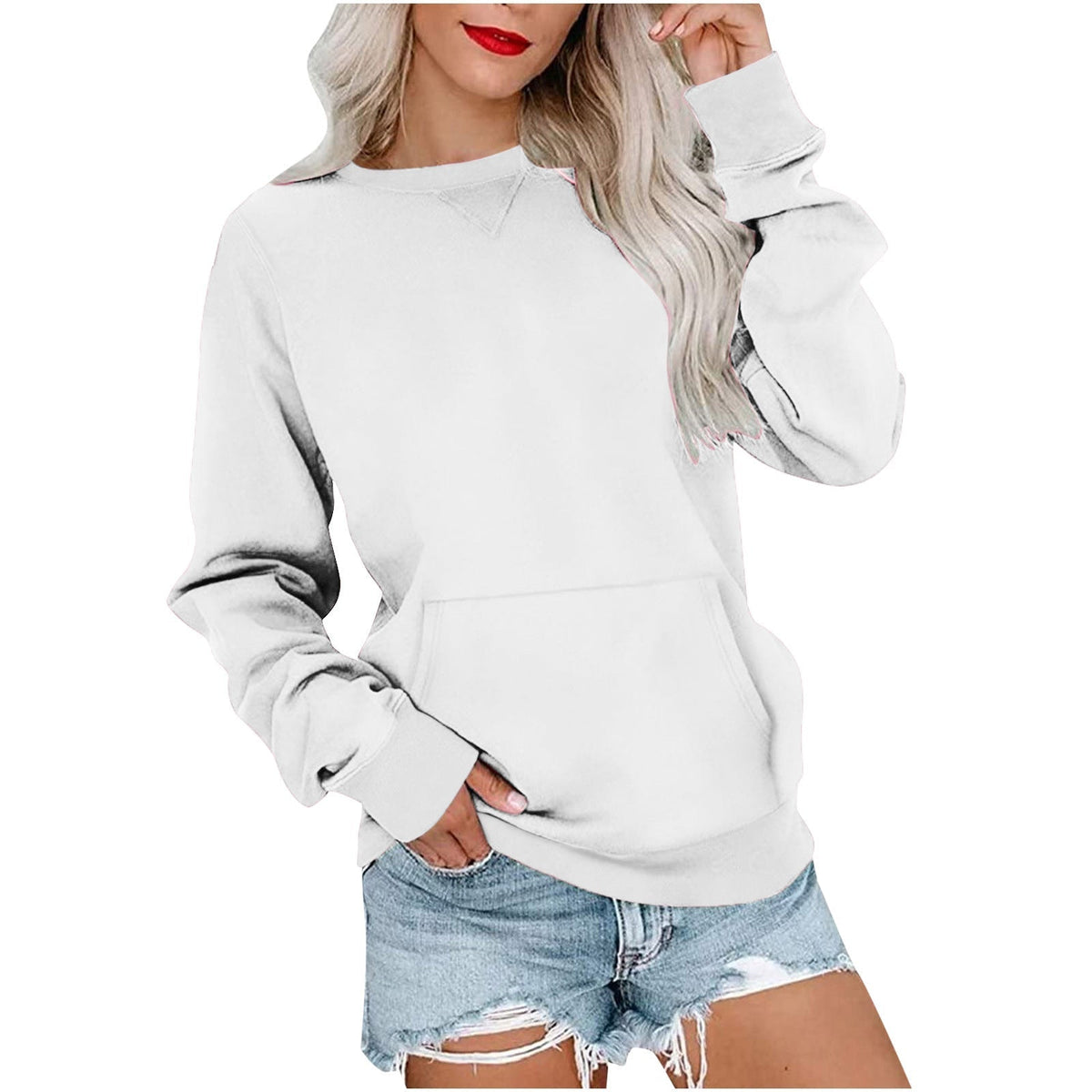 Women's long-sleeve crewneck sweatshirt with front pouch pocket