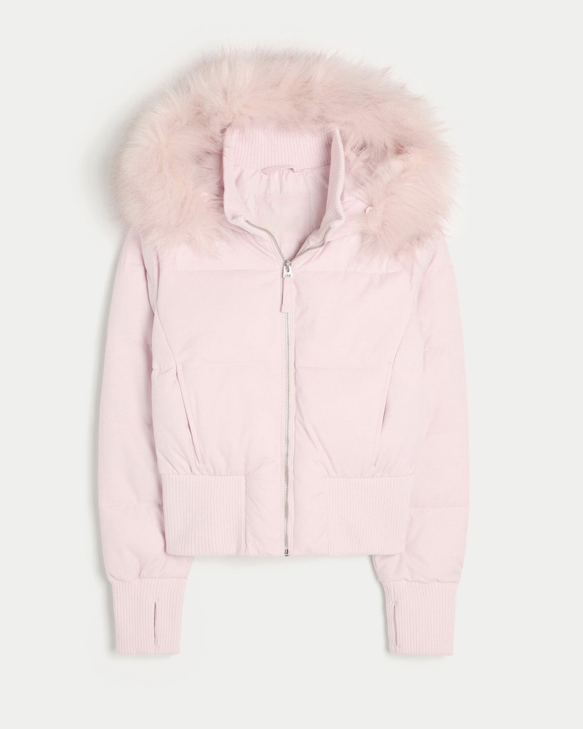 Women's quilted hooded puffer jacket with zip front and ribbed trims