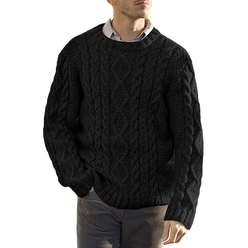 Men's cable knit crew neck sweater with long sleeves and ribbed trims