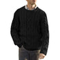 Men's cable knit crew neck sweater with long sleeves and ribbed trims