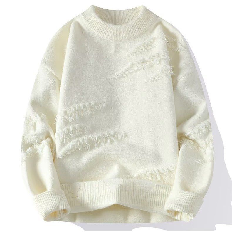 Women's crew neck sweater with long sleeves and frayed distressed panels