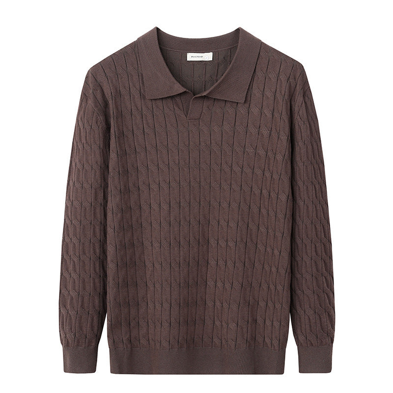 Men's textured polo sweater with long sleeves and ribbed trims