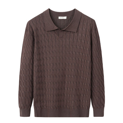Men's textured polo sweater with long sleeves and ribbed trims