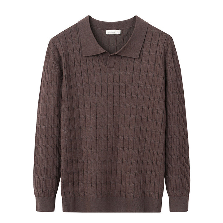 Men's textured polo sweater with long sleeves and ribbed trims