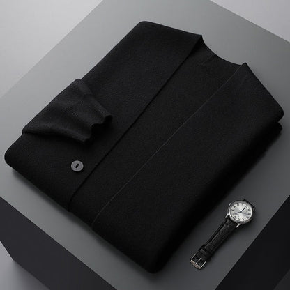 Men's button-front cardigan with striped sleeves and patch pockets