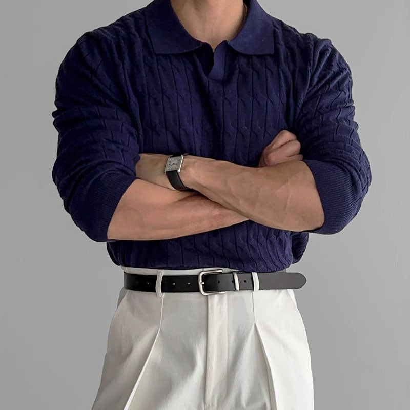 Men's textured polo sweater with long sleeves and ribbed trims