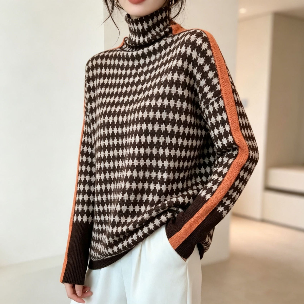 Women's striped high neck pullover sweater with long sleeves and contrast trim