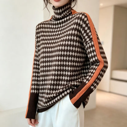 Women's striped high neck pullover sweater with long sleeves and contrast trim