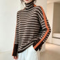 Women's striped high neck pullover sweater with long sleeves and contrast trim