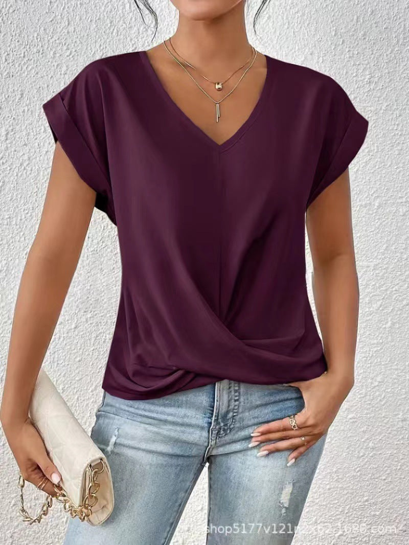 Women's V-neck short-sleeve T-shirt with twisted front gather detail