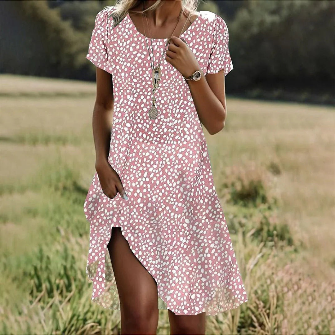 Women's summer midi dress with small white dot print and short sleeves