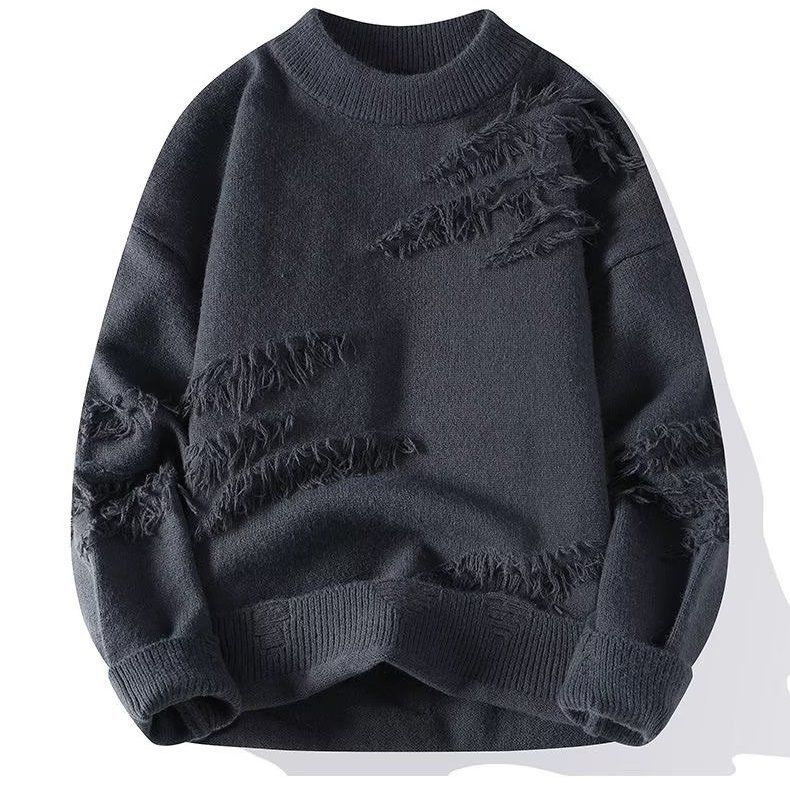 Women's crew neck sweater with long sleeves and frayed distressed panels