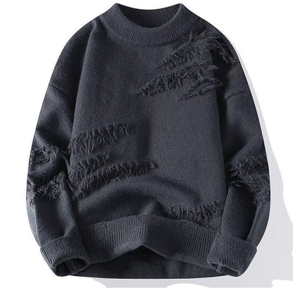 Women's crew neck sweater with long sleeves and frayed distressed panels