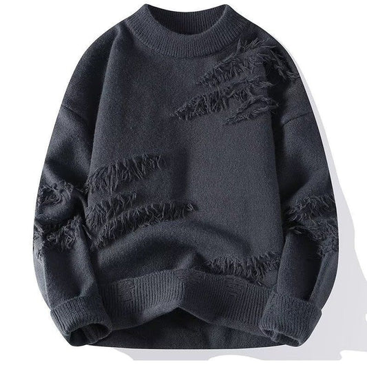 Women's crew neck sweater with long sleeves and frayed distressed panels
