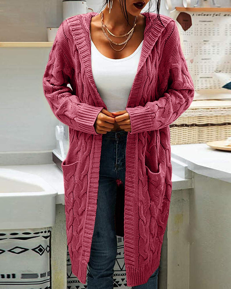 Women's long textured cable knit cardigan with open front and patch pockets