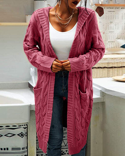 Women's long textured cable knit cardigan with open front and patch pockets